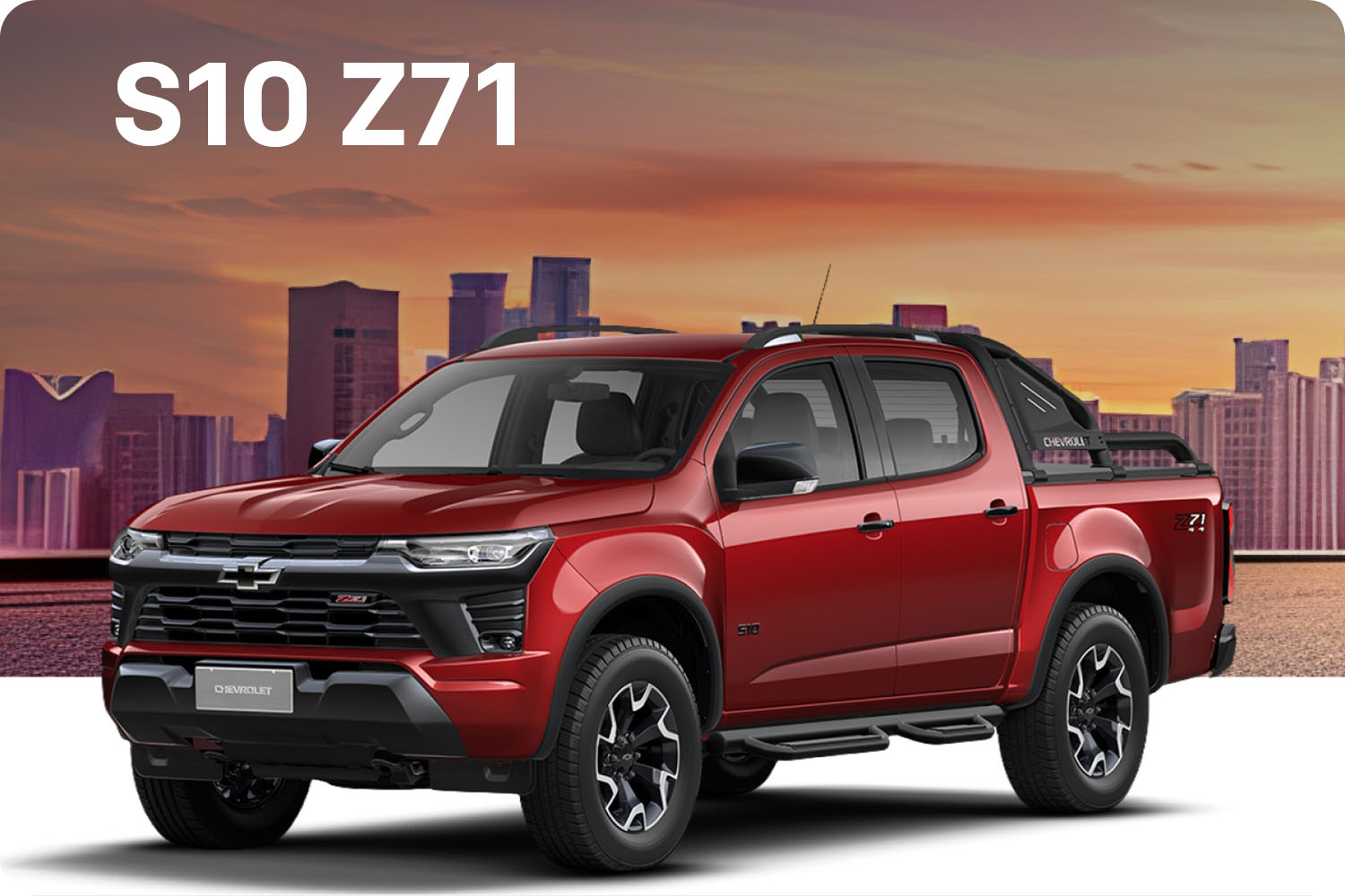 Chevrolet S10 Z71 color rojo con diseño deportivo y detalles exclusivos, destacando su estilo robusto y actitud aventurera.